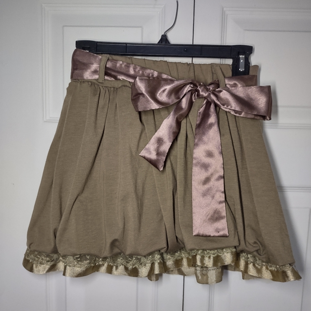 Blue Shop Puff Short Skater Skirt Brown Ribbon Bow Tie Removable Lace Layer Soft